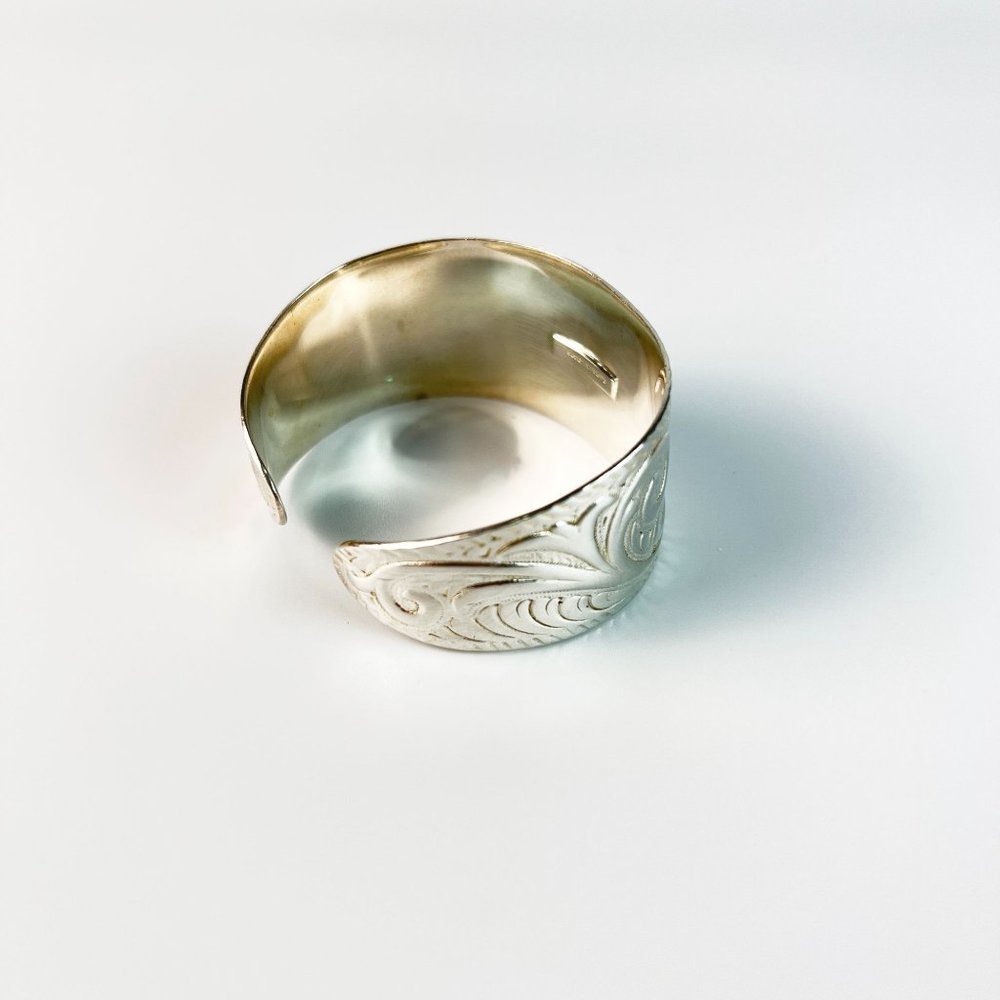 Embossed Floral Scroll Solid Sterling Silver Graduated Wide Cuff Bracelet - Picture 6 of 10